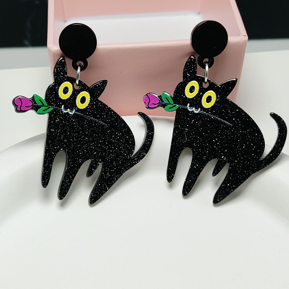 Wholesale Acrylic Sheet Cartoon Black Cat Rose Flower Earrings ACC-ES-Qiyu004