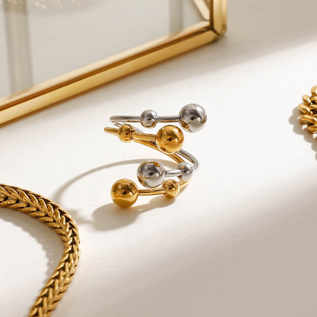 Wholesale 18k gold stainless steel gold and silver color ball double opening  ring