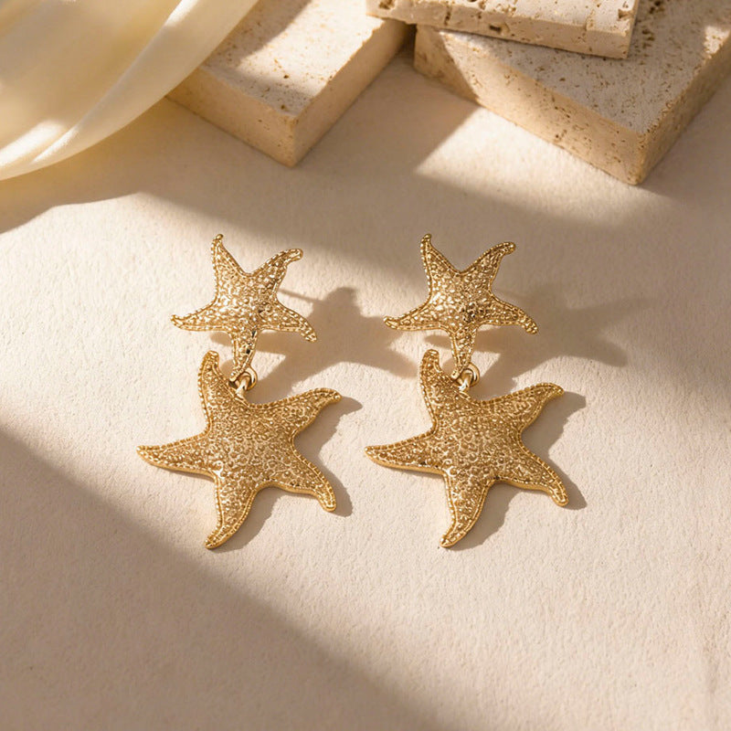 Wholesale Ocean-Inspired Textured Gold Conch and Starfish Stud Earrings
