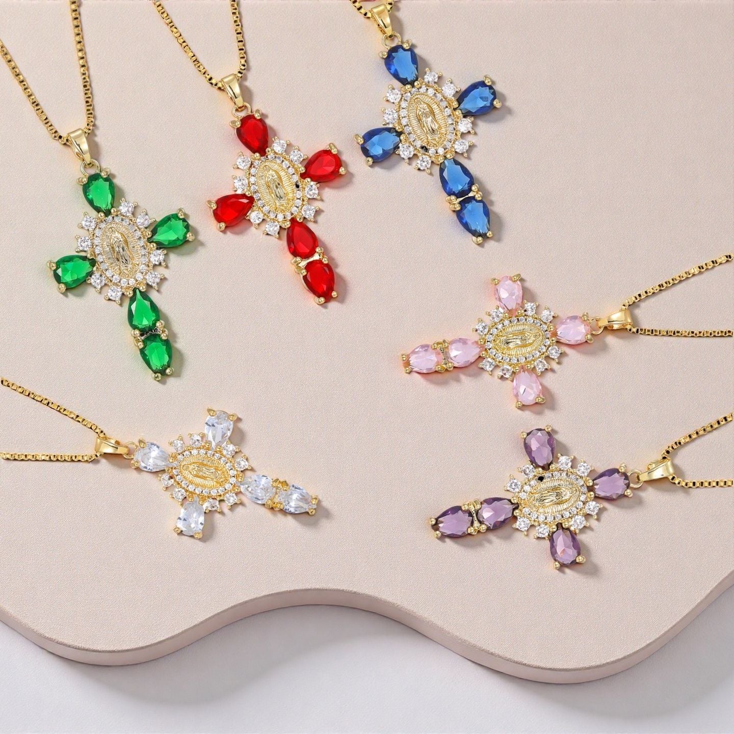 WholesaleJewelry Virgin Mary Cross Pendant Copper Inlaid with Zircon Temperament Versatile Cross Necklace Yiwu Accessories