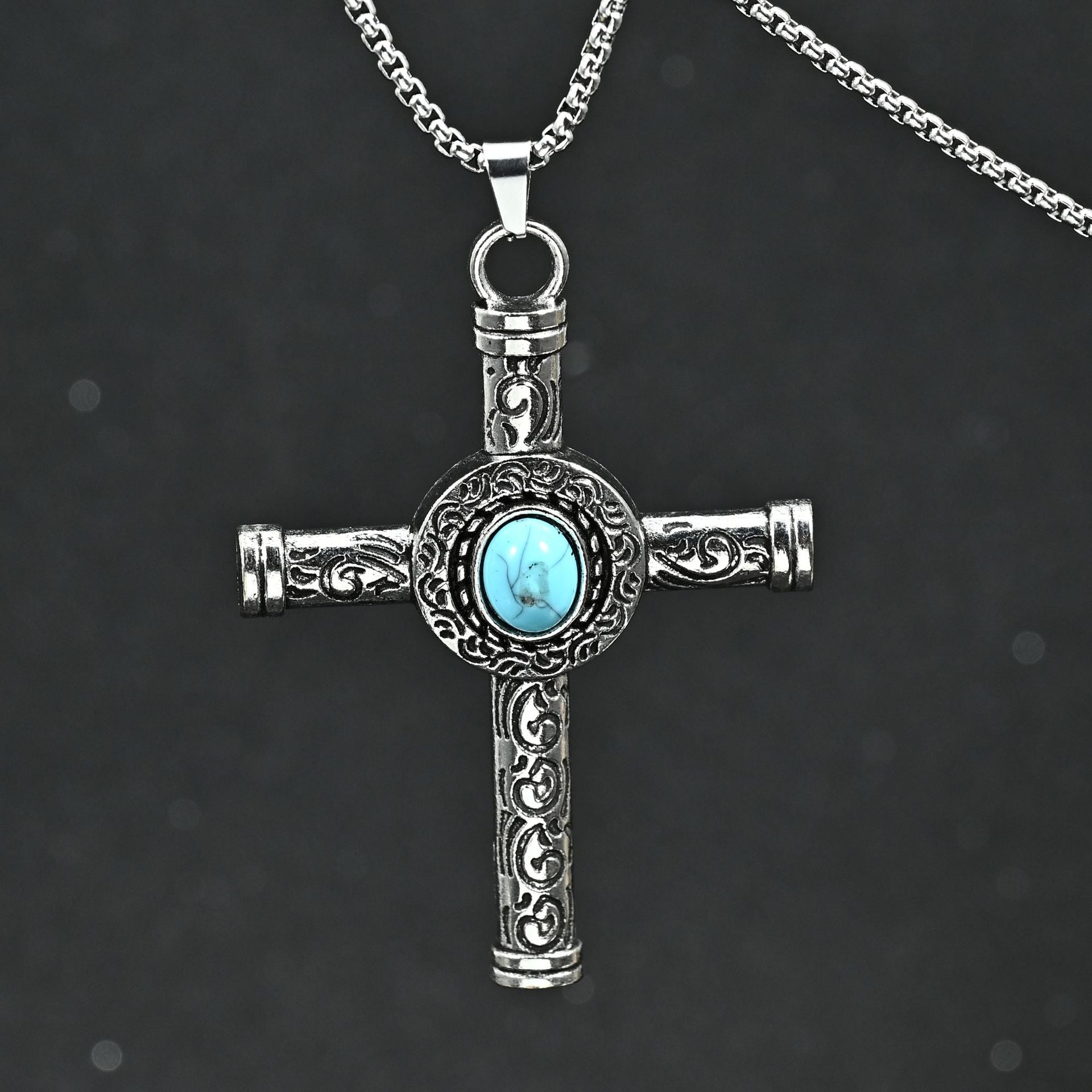 Wholesale Gothic Style Turquoise Cross Pendant Necklace Men S Long Chain Zinc Alloy Fashion Jewelry Accessory