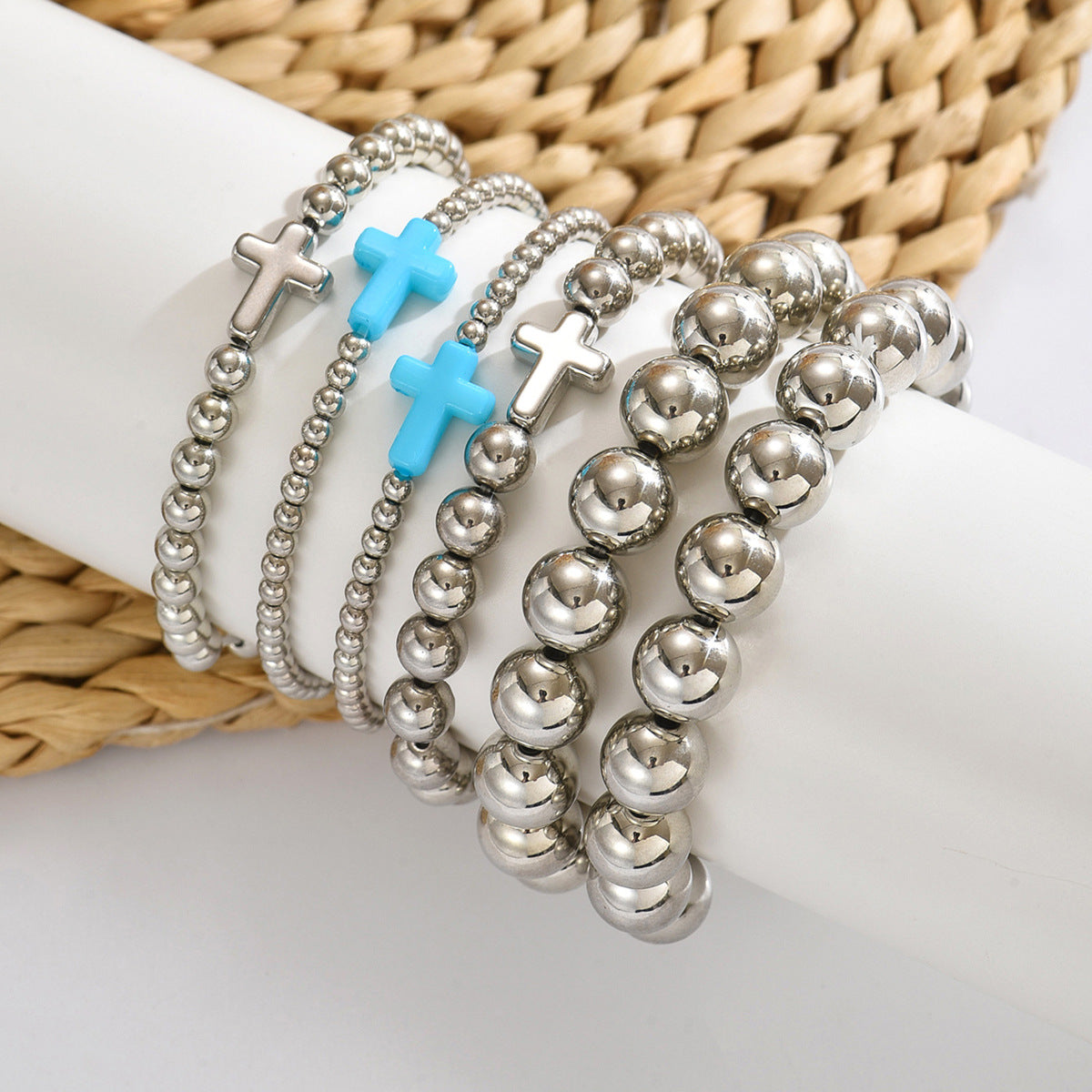 Wholesale Handmade Silver Beaded Cross Bracelet,  Fashion Accessory for Everyday Wear