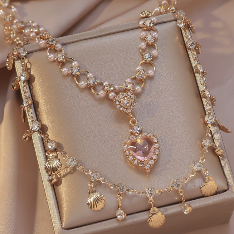 Wholesale Blue Love Shell Double Layer Gold Necklace Heart Necklace ACC-NE-JunJie002