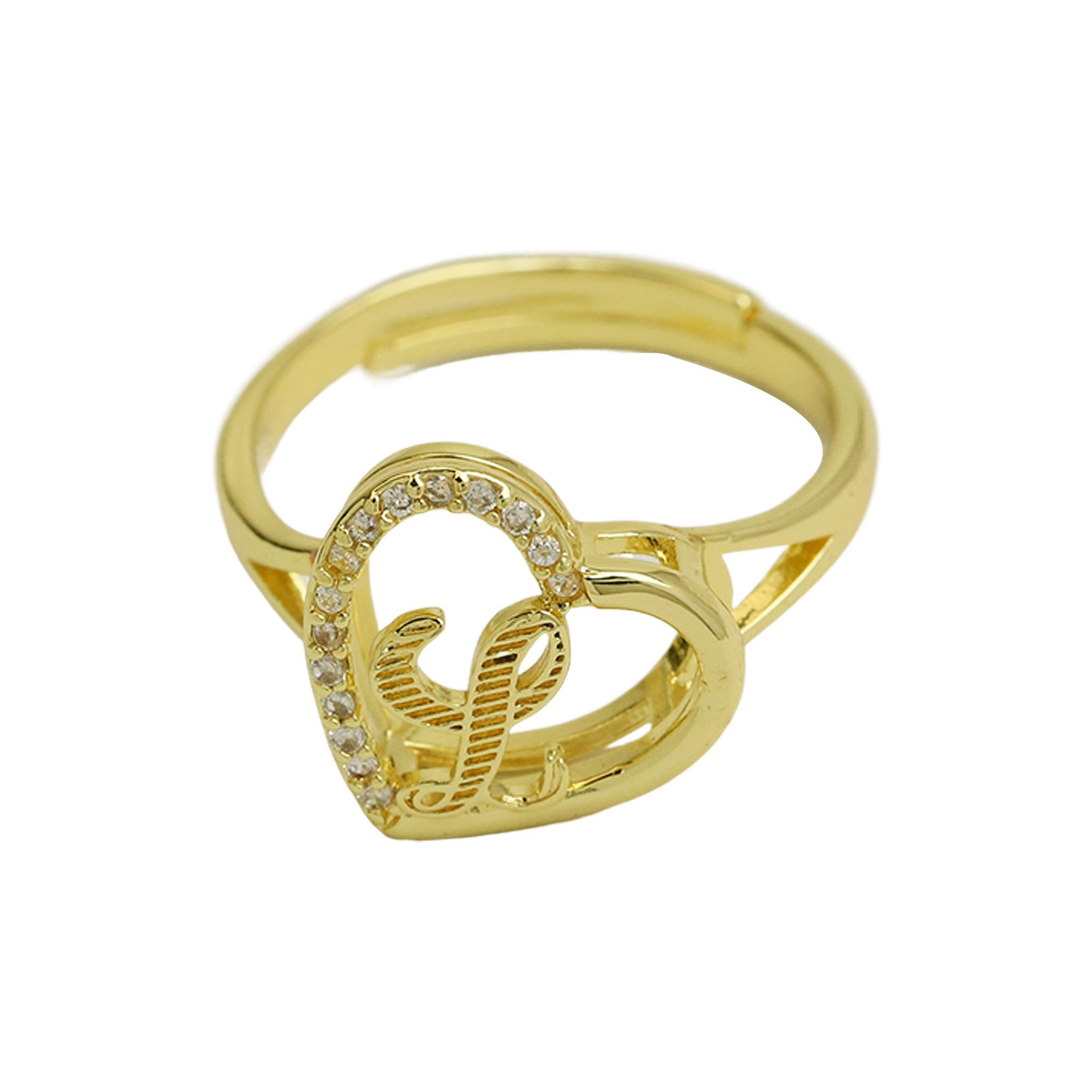 Wholesale  white gold heart-shaped love texture hollow 26 grass English letters open heart ring