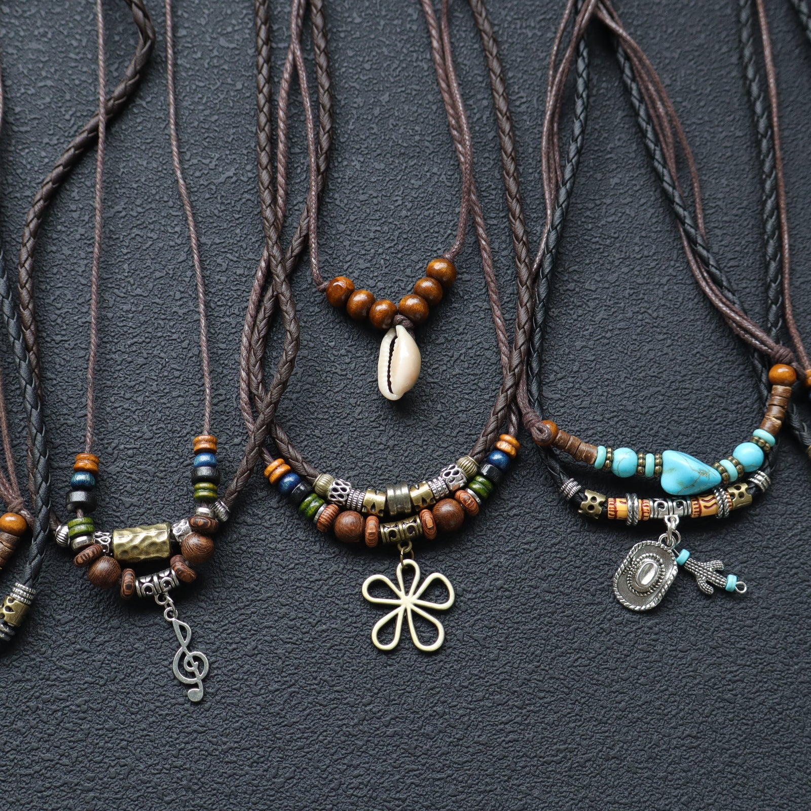 Wholesale Handmade Leather Layered Wood Bead Necklace With Turquoise Pendant Vintage Retro Unisex Fashion Jewelry Gift