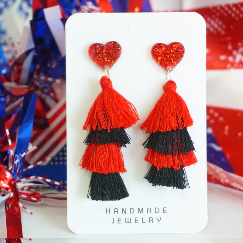Wholesale 2 Pairs/pack American Independence Day Multi-layered Tassel Love Silk Earrings ACC-ES-HY041