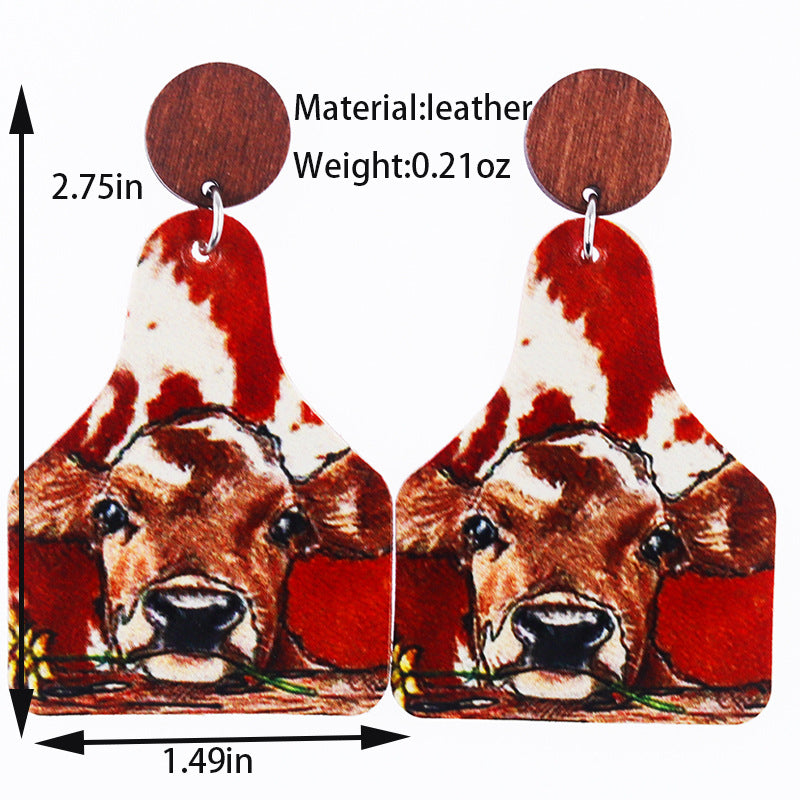 Wholesale Western Old Style Cow Sunflower Leopard Print Leather Bottle Shape Wooden Disc Splicing Earrings