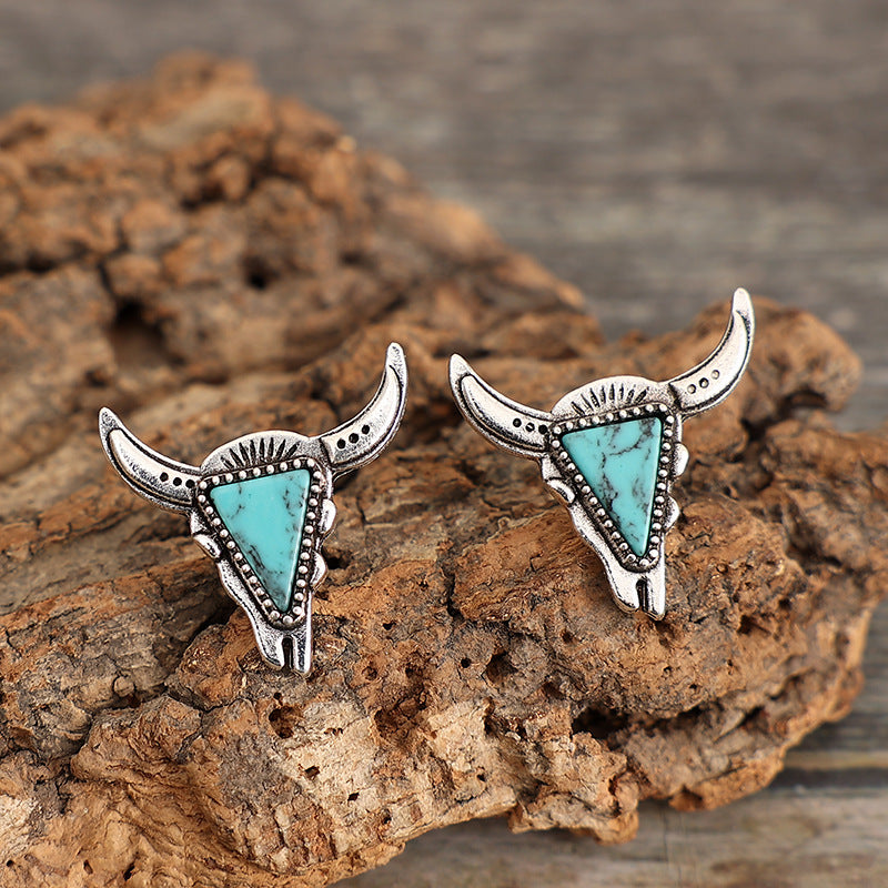 Wholesale Western Style Cow Head Turquoise Alloy Earrings ACC-ES-SaiPu003