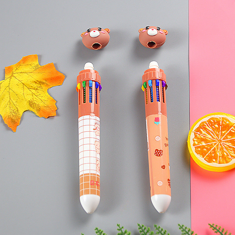 Wholesale Cartoon Bear Ten Colors Cute Writing Stationery Color Press Ballpoint Pen ACC-PN-Liuj002