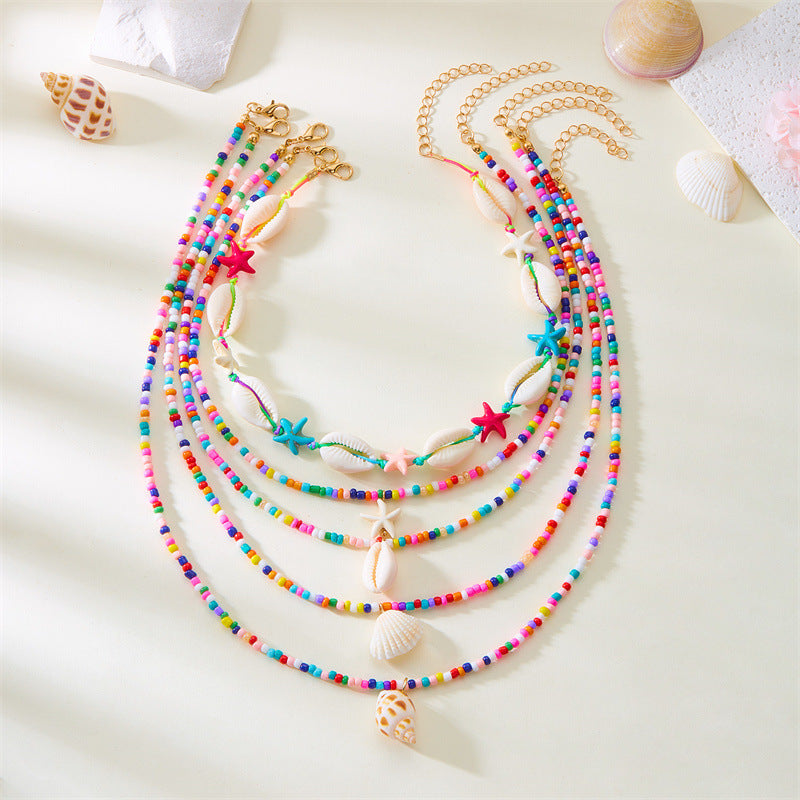 Wholesale  Multi-layer Necklace  All-match Summer Starfish Shell Conch Rice Bead Necklace 5-piece Set