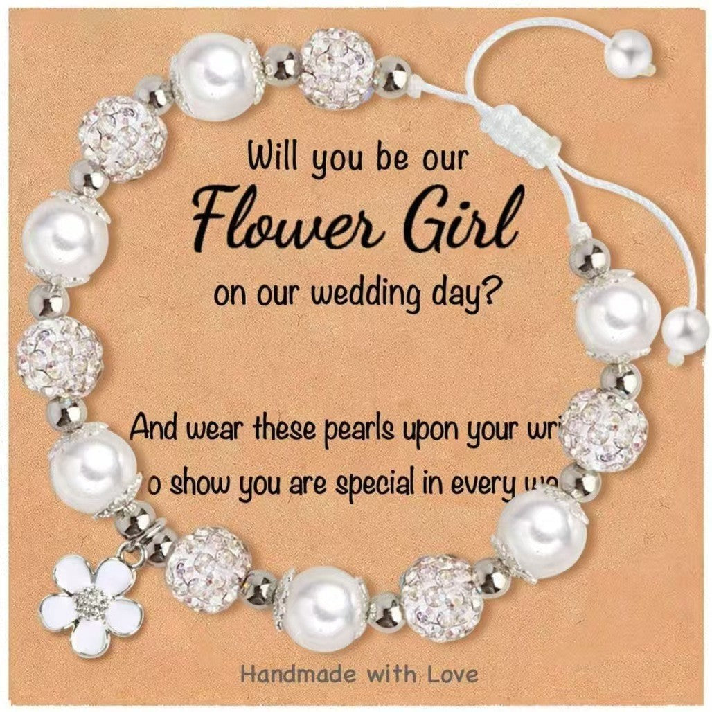Wholesale Handmade bracelet with man-made pearls and woven white flowers