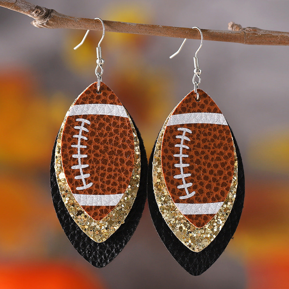 Wholesale Rugby Sequins Three-layer Leather Water Drop Pendant Earrings