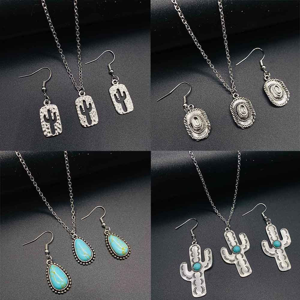 Wholesale Trendy Western Turquoise Cactus Cattle Head Earrings &  Necklace Set Jewelry Accessory