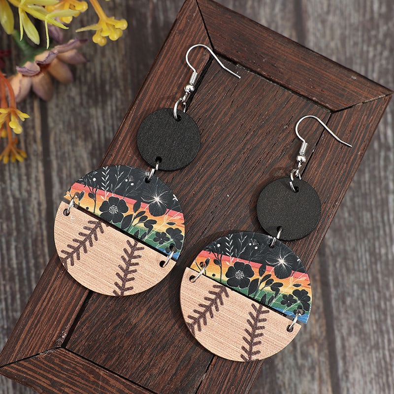 Wholesale Retro style semicircle stitching flower baseball wooden ladies earrings