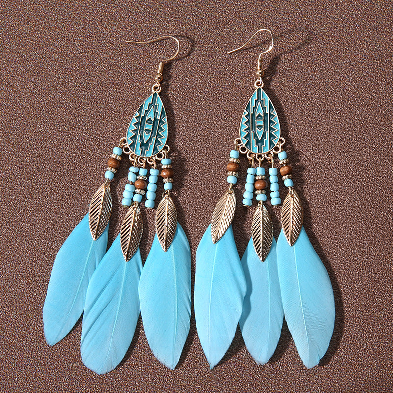Wholesale Water Drop Tassel Feather Earrings Long Bohemian Rice Bead Earrings ACC-ES-Gumi006