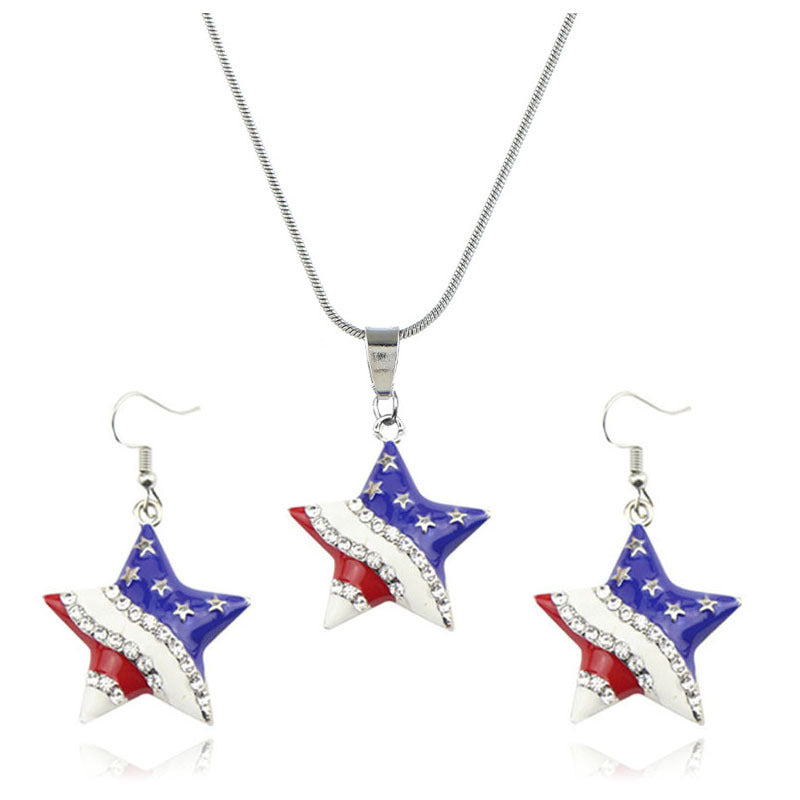 Wholesale American Independence Day Pentagram Heart Shape Metal Necklace and Earrings Set ACC-ES-YiYuan016