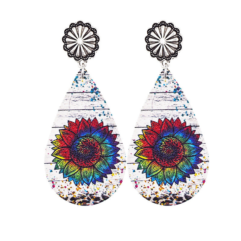 Wholesale Western Denim distressed style sunflower leather earrings