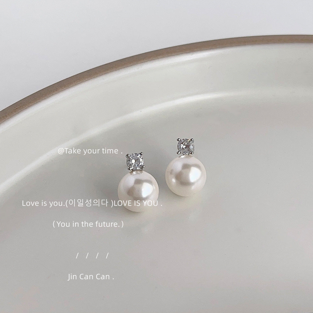 Wholesale  silver  Rhinestone Pearl Micro-inlaid Zircon Earrings