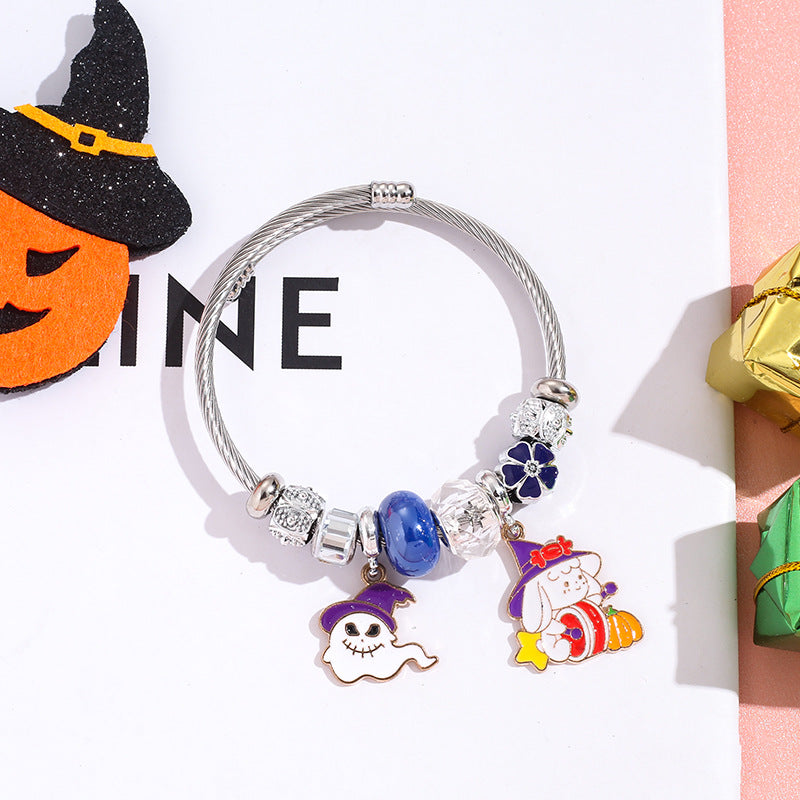 Wholesale Halloween Bat Ghost Witch Alloy Pendant Stainless Steel Bracelet ACC-BT-QingLian007