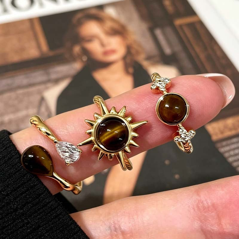 Wholesale Gold Sunflower Tiger Eye Ring Women S Retro Stacking Fashion Accessory Gift