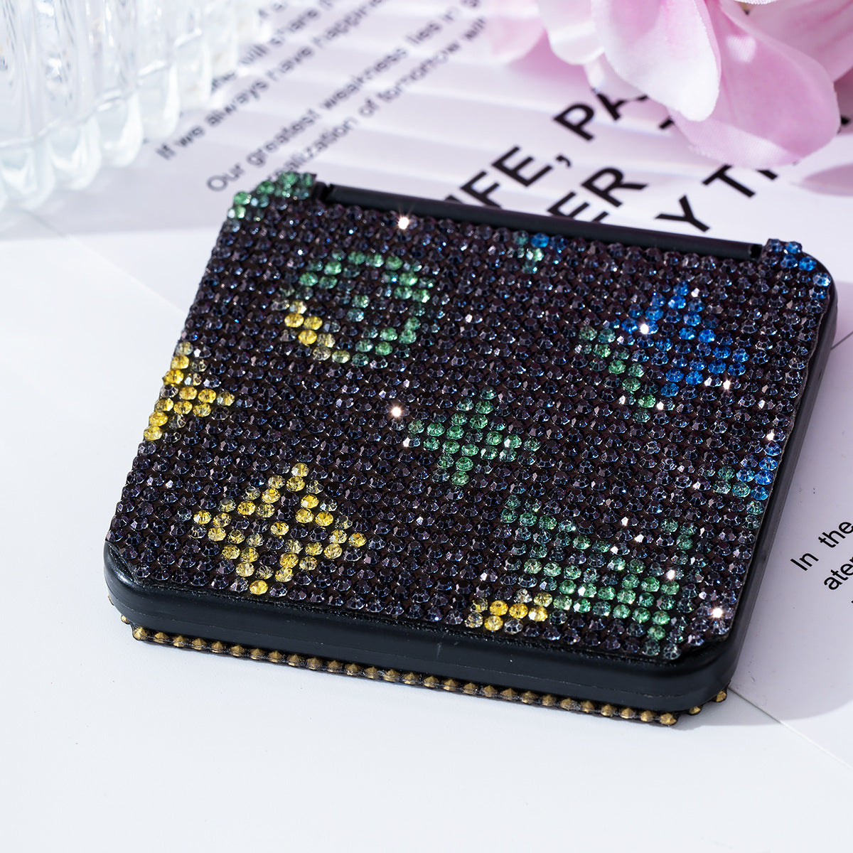 Wholesale Rhinestone portable small mirror mini portable double-sided folding square makeup mirror