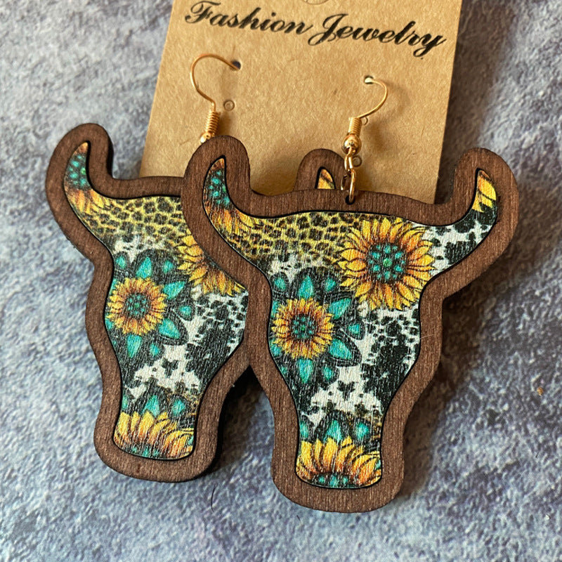 Wholesale Western Style Aztec Sunflower Bull Head Wooden Earrings ACC-ES-XinChuan016