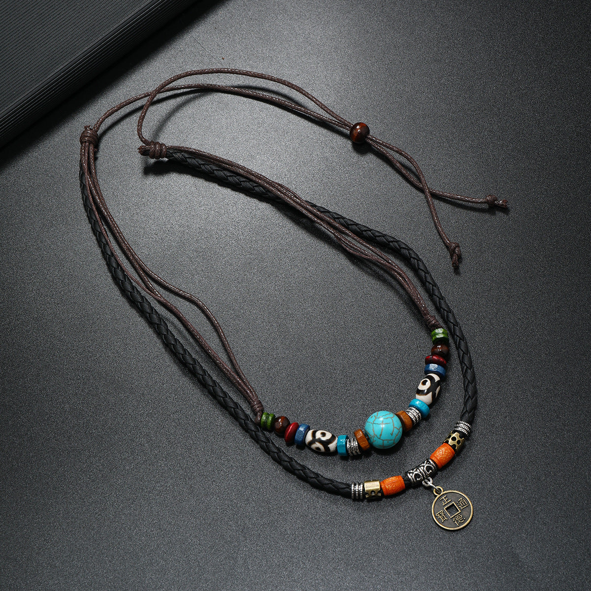 Wholesale Vintage Retro Multi Layer Turquoise Bead Woven Leather Necklace With Alloy Coin Pendant For Men Handmade Fashion Accessory