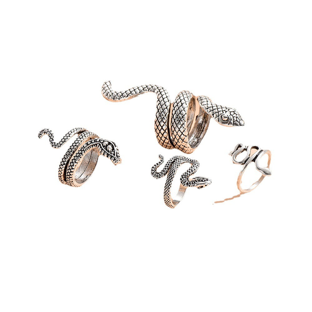 Wholesale  Punk Style Snake-Shaped Animal Retro Exaggerated Four-Piece Ring Set