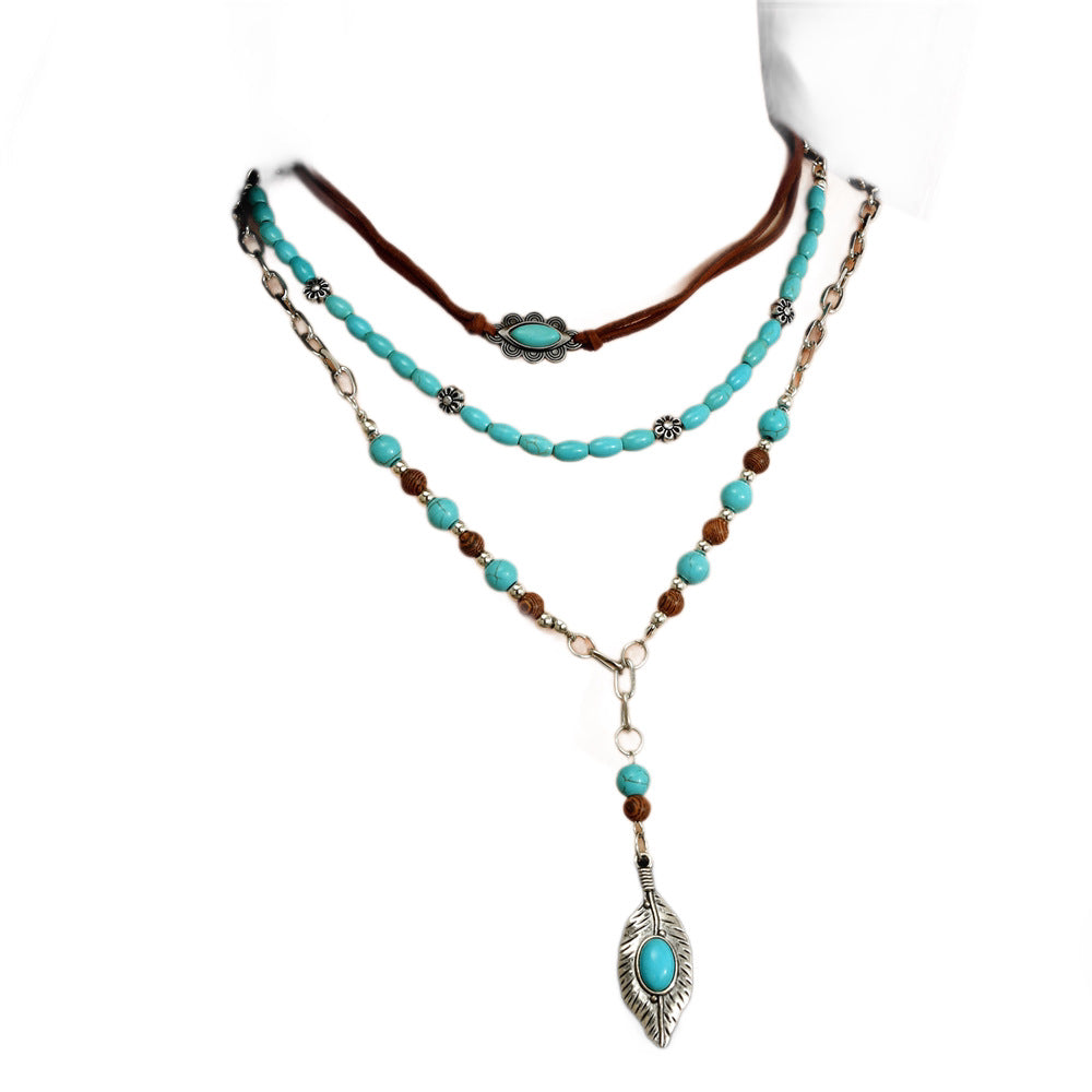 Wholesale Handmade Beaded Bohemian Turquoise Layered Necklace For Women Vintage Feather Pendant Trendy Jewelry Gift