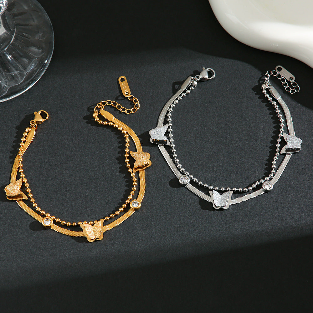 Wholesale  Titanium Steel Bracelet Women's Light Luxury Personalized Double-layer Butterfly Frosted Bracelet