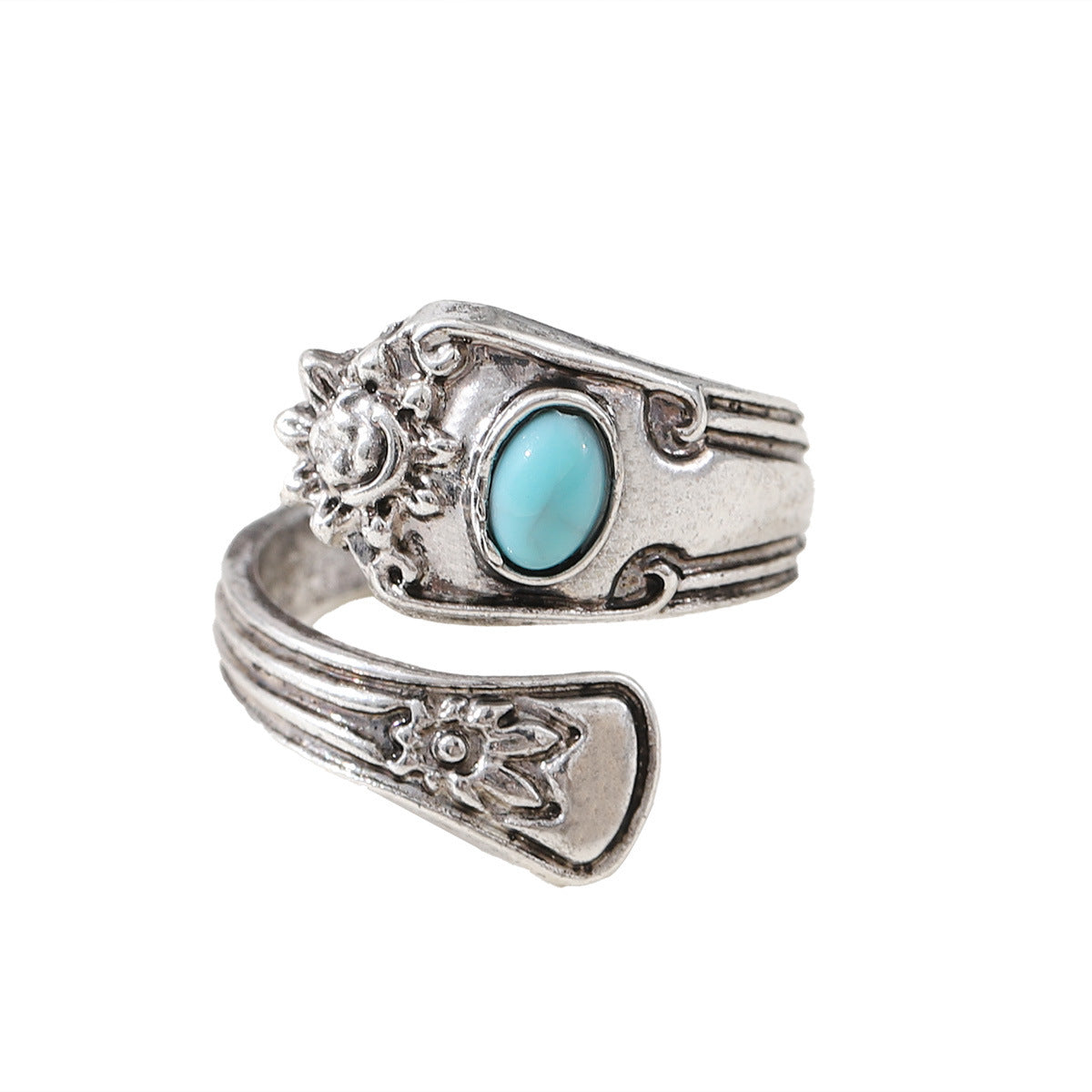 Wholesale Retro Bohemian Turquoise Carved Floral Open Adjustable Ring Antique Silver Zinc Alloy Unisex Fashion Accessory For Boutique Resale