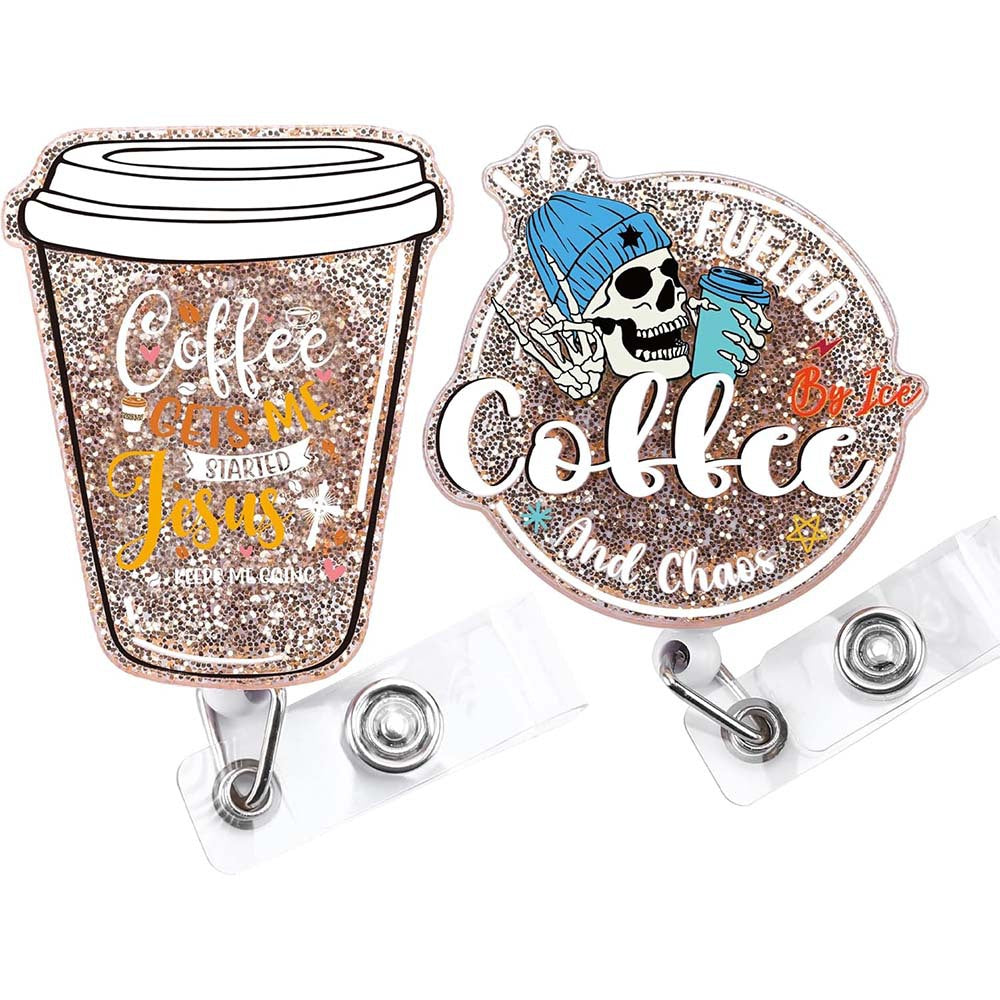 Wholesale Coffee Cup Glitter Acrylic Retractable Badge Reels Keychains ACC-KC-ChiHai019