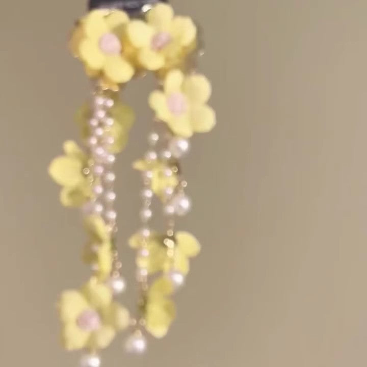 Wholesale Yellow Flower Pearl Tassel Earrings