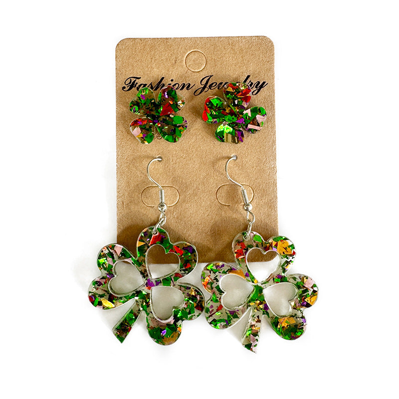 Wholesale Acrylic St.  Patrick' s Day Four-Leaf Clover and Three-Leaf Clover Earring Set