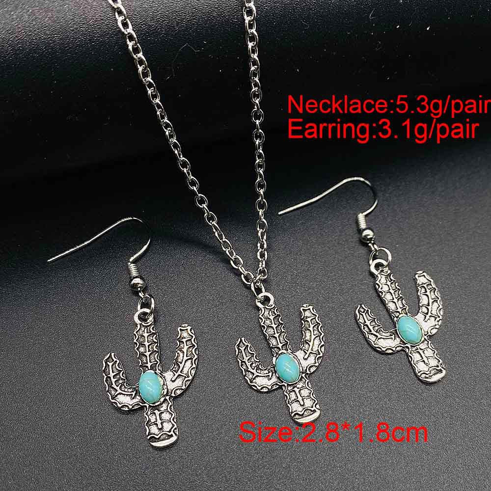 Wholesale Trendy Western Turquoise Cactus Cattle Head Earrings &  Necklace Set Jewelry Accessory