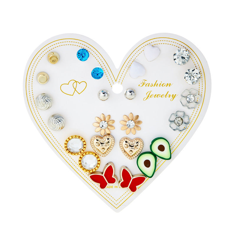 Wholesale month combination earrings 12 pairs of flowers love stars and moon diamond  earrings suit