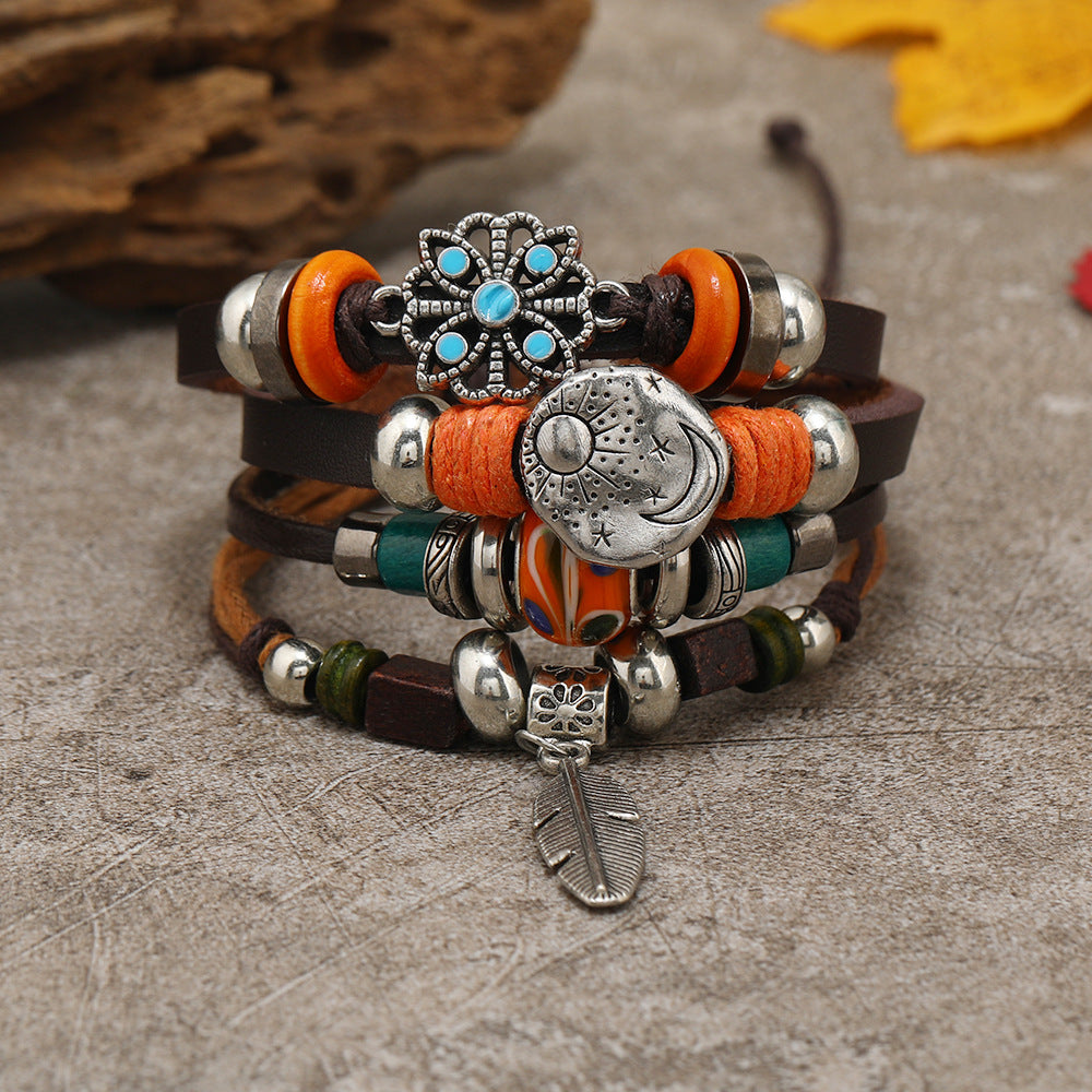 Wholesale Leather butterfly and feather pendant vintage multi-layer bracelet