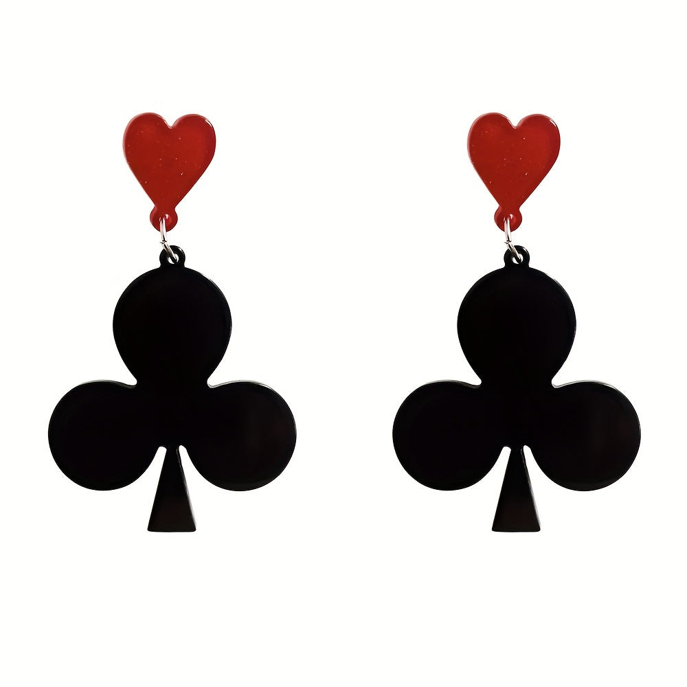 Wholesale Exaggerated Symmetrical Poker Tassel Earrings - Spades and Heart Acrylic Design,  Trendy Casino Party Jewelry
