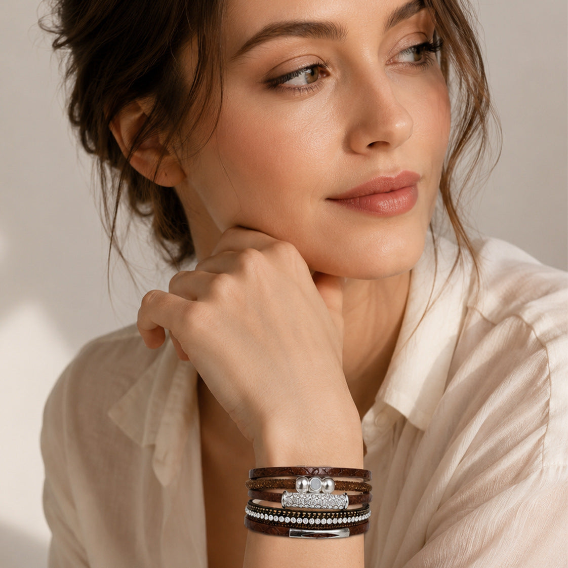 Wholesale Bohemian Multi Layer PU Leather Bracelet Women S Magnetic Clasp Rhinestone Retro Jewelry Accessory