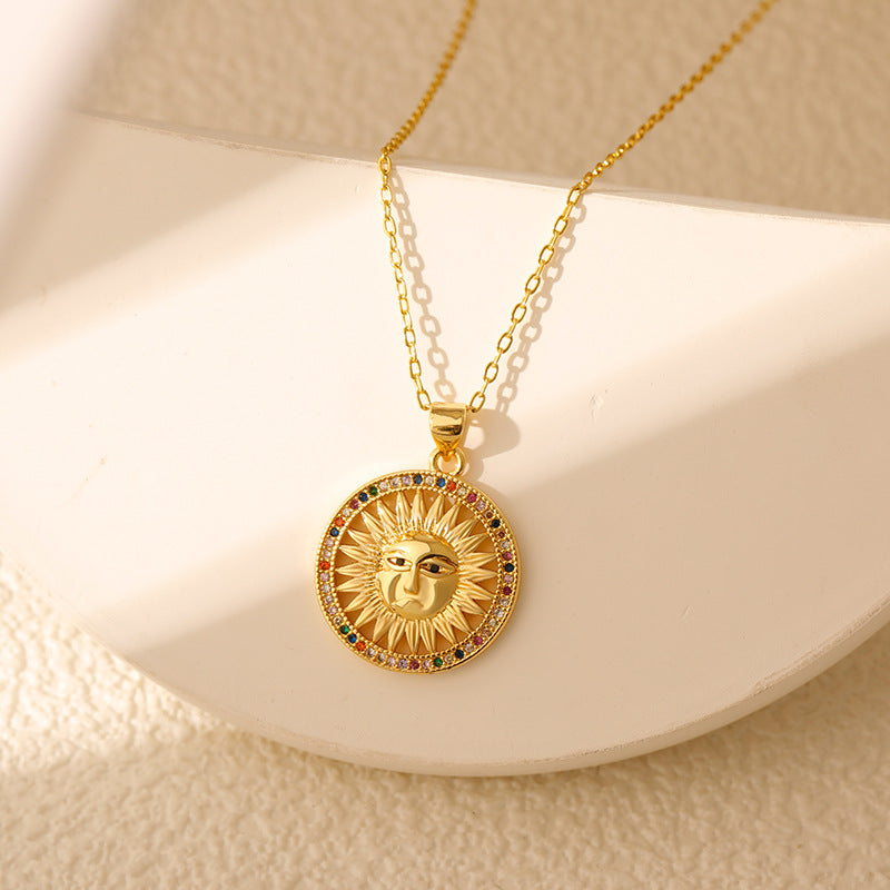 Wholesale Stainless steel  Sun Pendant Sun Star Hollow Color Zirconium Tarot Niche Fashion Necklace