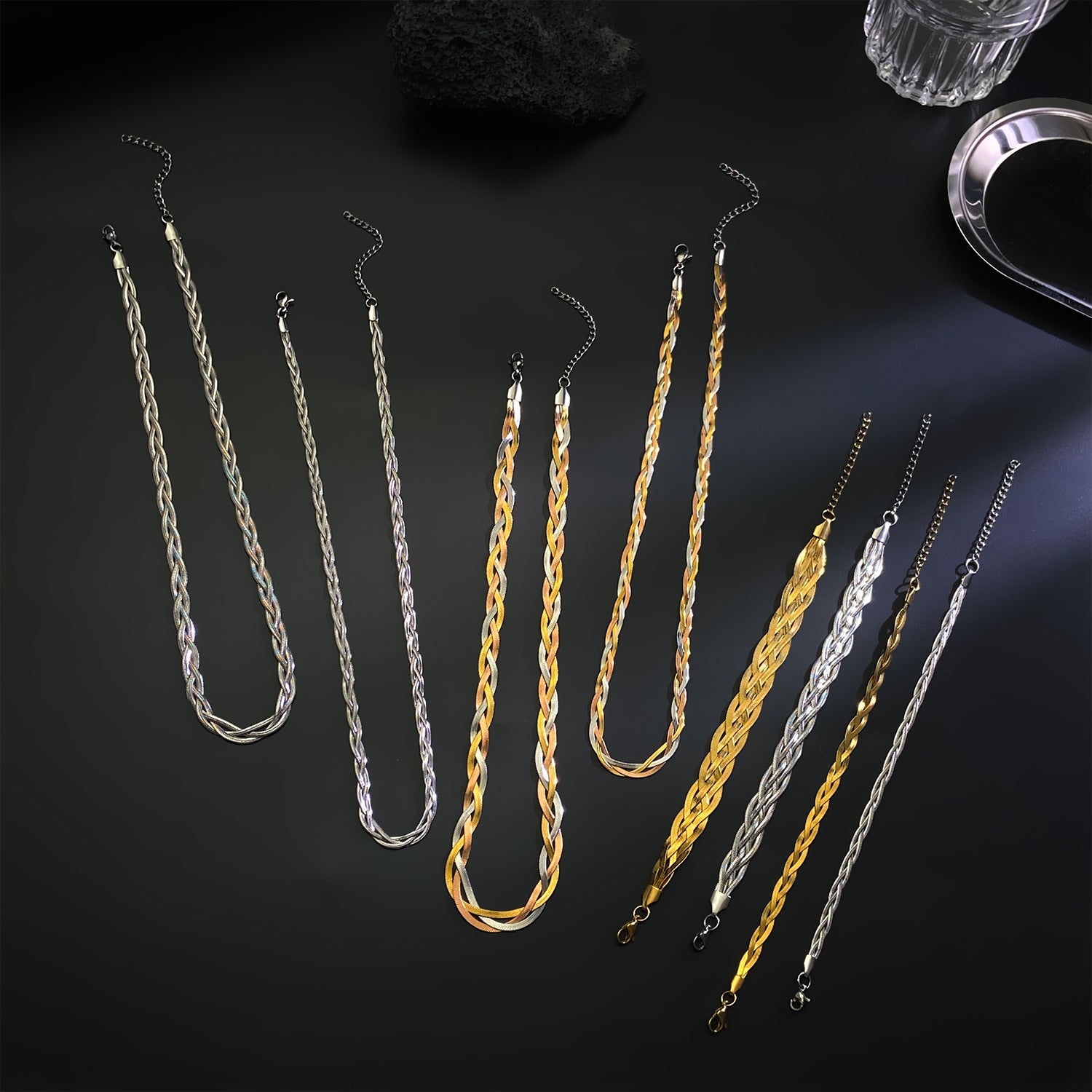 Wholesale Light Luxury Flat Three-layer Snake Bone Chain Gold-plated Necklaces Bracelets ACC-NE-MY014