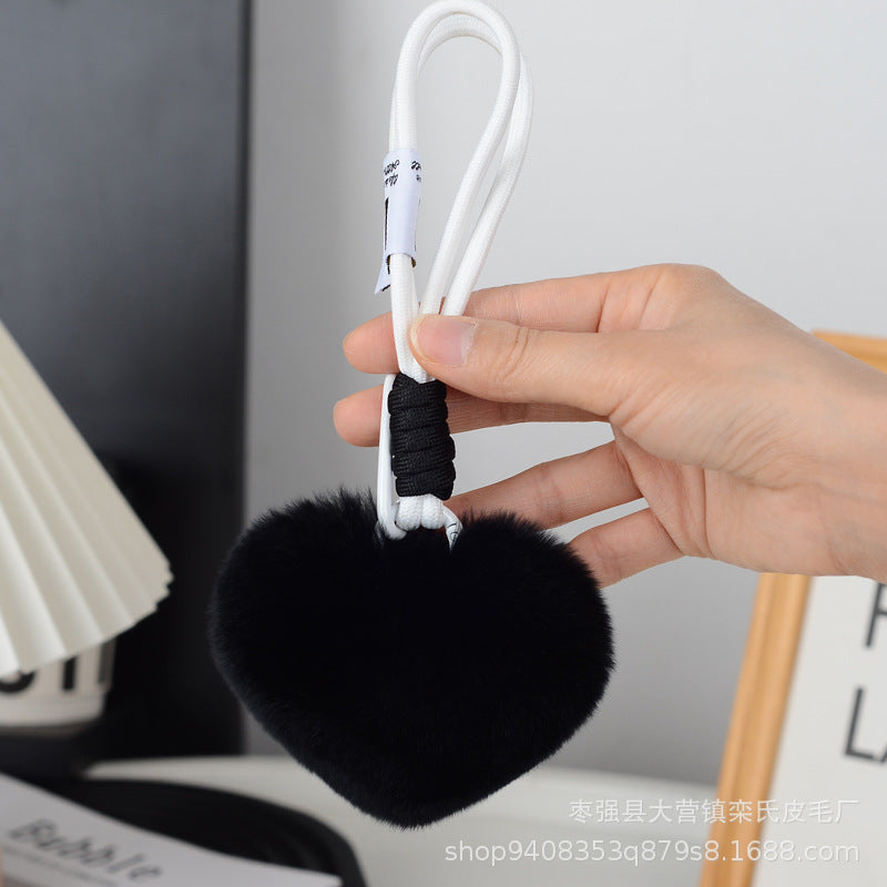 Wholesale Cute Real Rex Rabbit Hair Love Hand Rope wristlet keychain