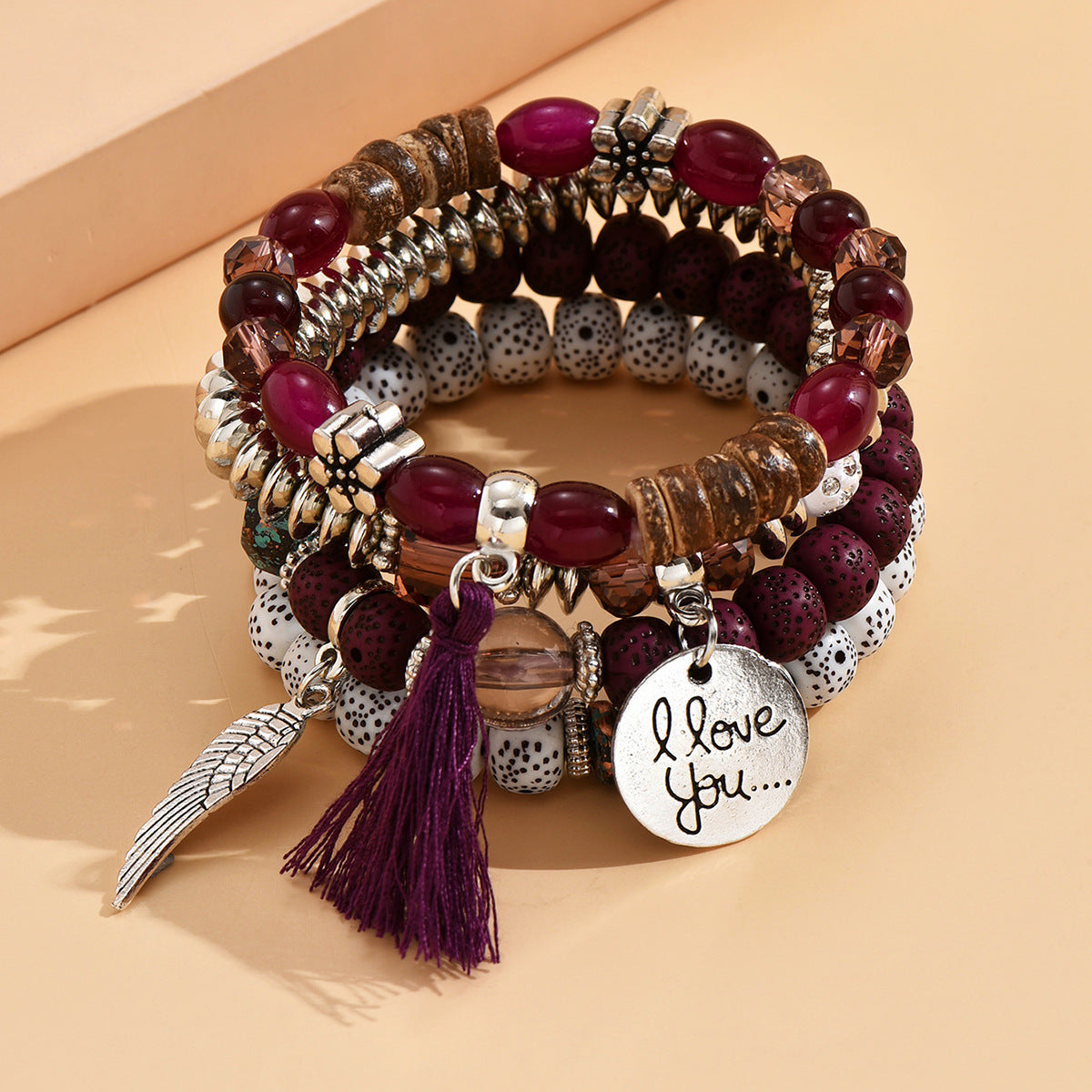 Wholesale Crystal Multi-layer Contrasting Color Turquoise Bracelet Leaf Alloy Tassel 4-piece Set Layered Bracelet Set ACC-BT-Yeb002