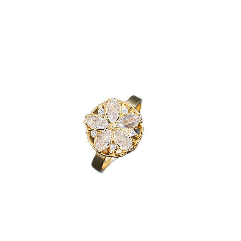 Wholesale Chic Flower Petal Rotating Ring with Rhinestone Titanium Steel Gold Finish Jewelry Accessory