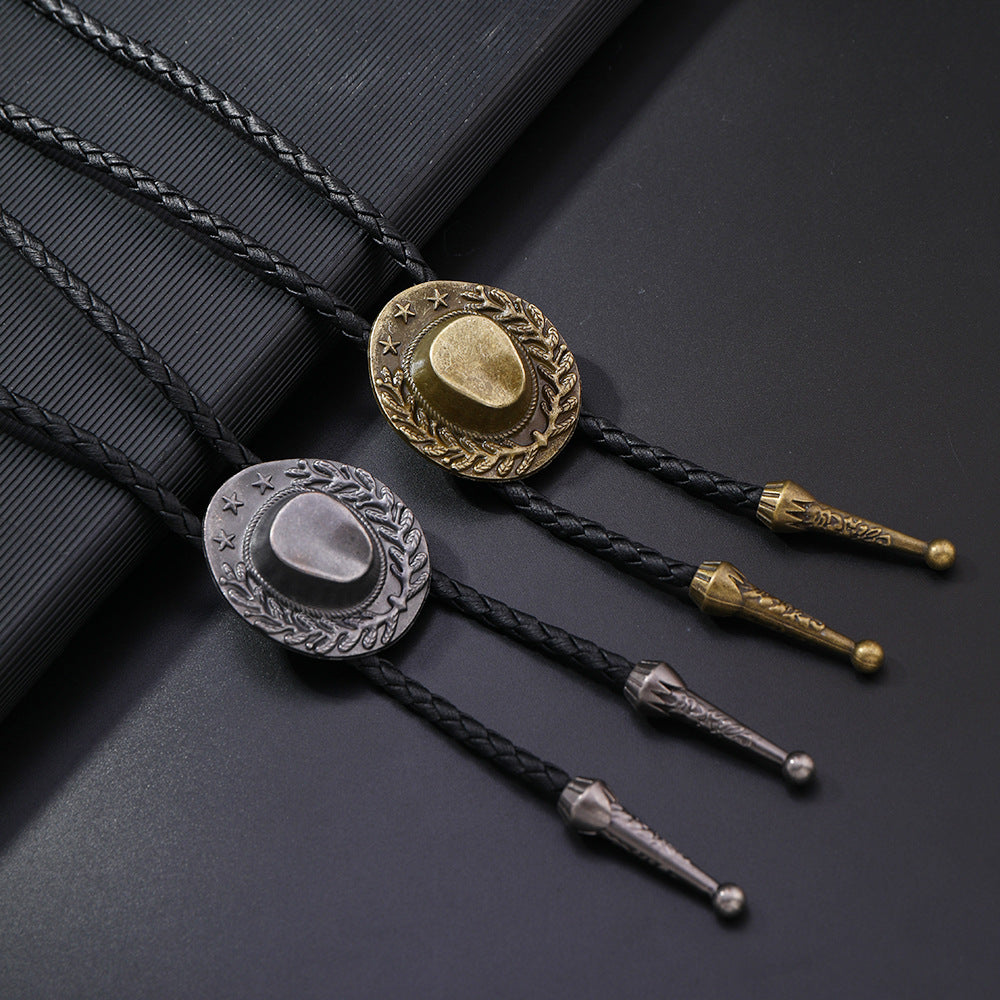Wholesale Retro Cowboy Bolo Tie Necklace Leather Cord Antique Silver Pendant Men Women Couple Gift Fashion Accessory Resale