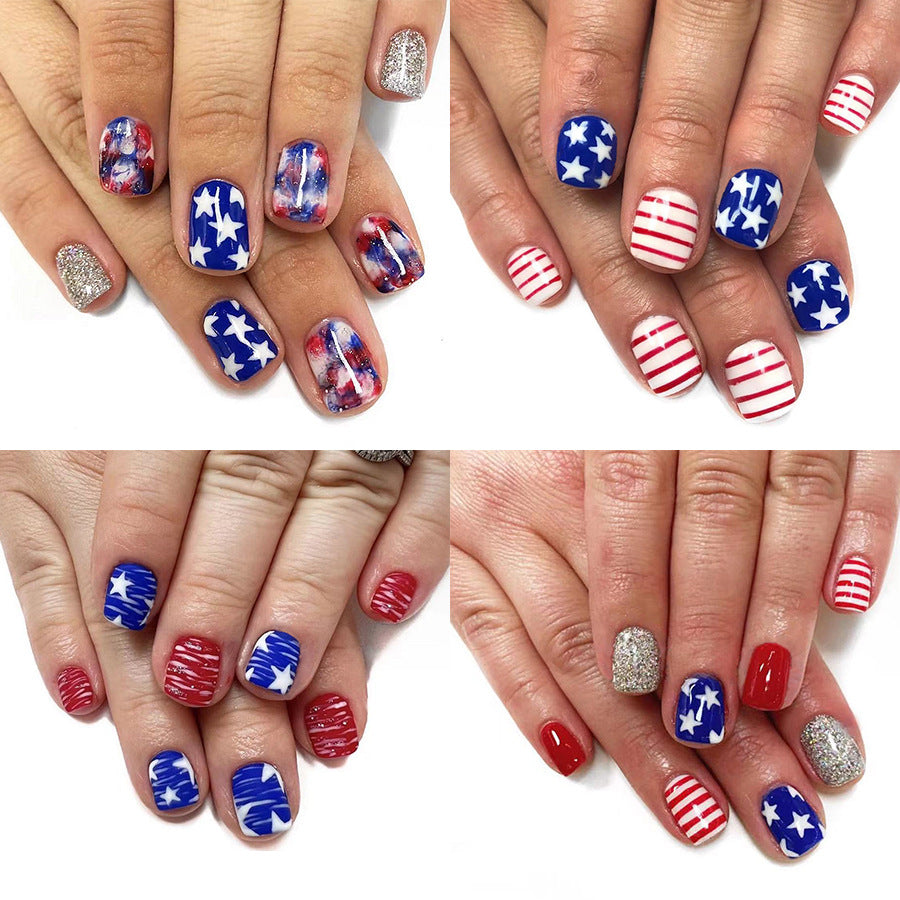 Wholesale 96 Pieces/4 Boxes American Independence Day Short Glitter Striped Manicure Press-on Nails Kits Nail Stickers ACC-NS-GuaiXL041