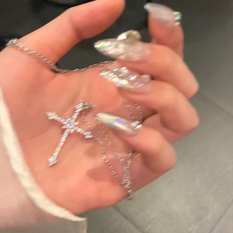 Wholesale Full Diamond Starburst Cross Necklace,  Cool and Sweet Zircon Sparkling Diamond Pendant,  Niche New Trendy Choker Style