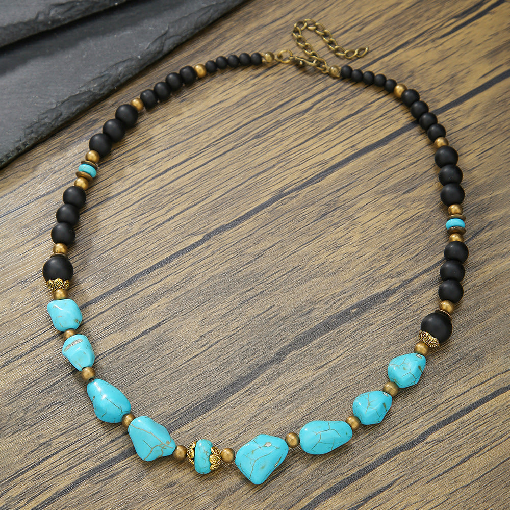 Wholesale Vintage Turquoise Necklace with Black Frosted Beads and Gold Accents for Party Fashion Accessory