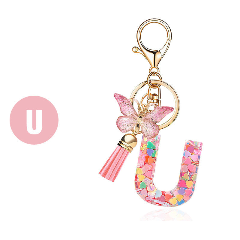 Wholesale Pink letter butterfly tassel keychain