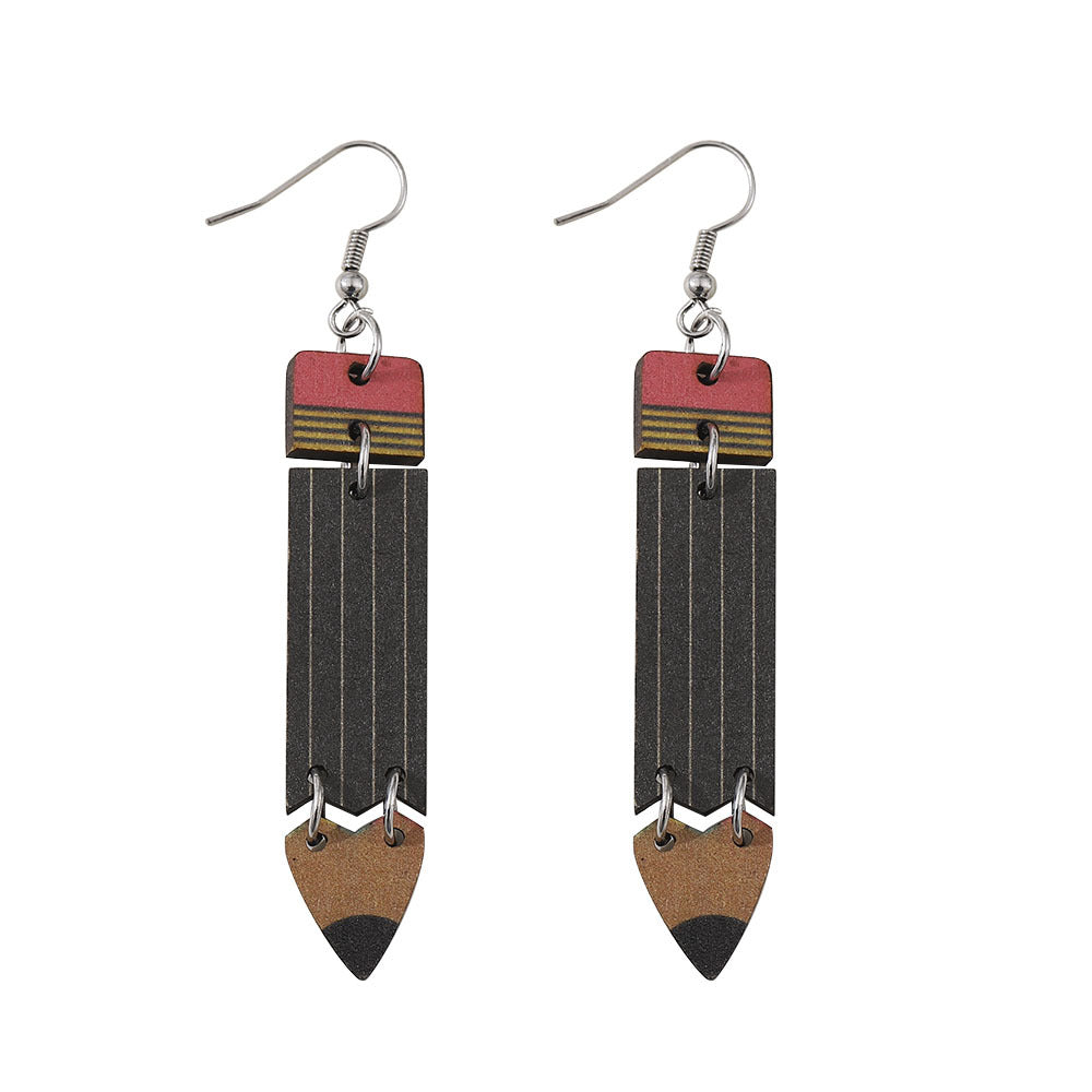 Wholesale  Teaching and Learning Rainbow Pencil Double-sided Wooden Earrings